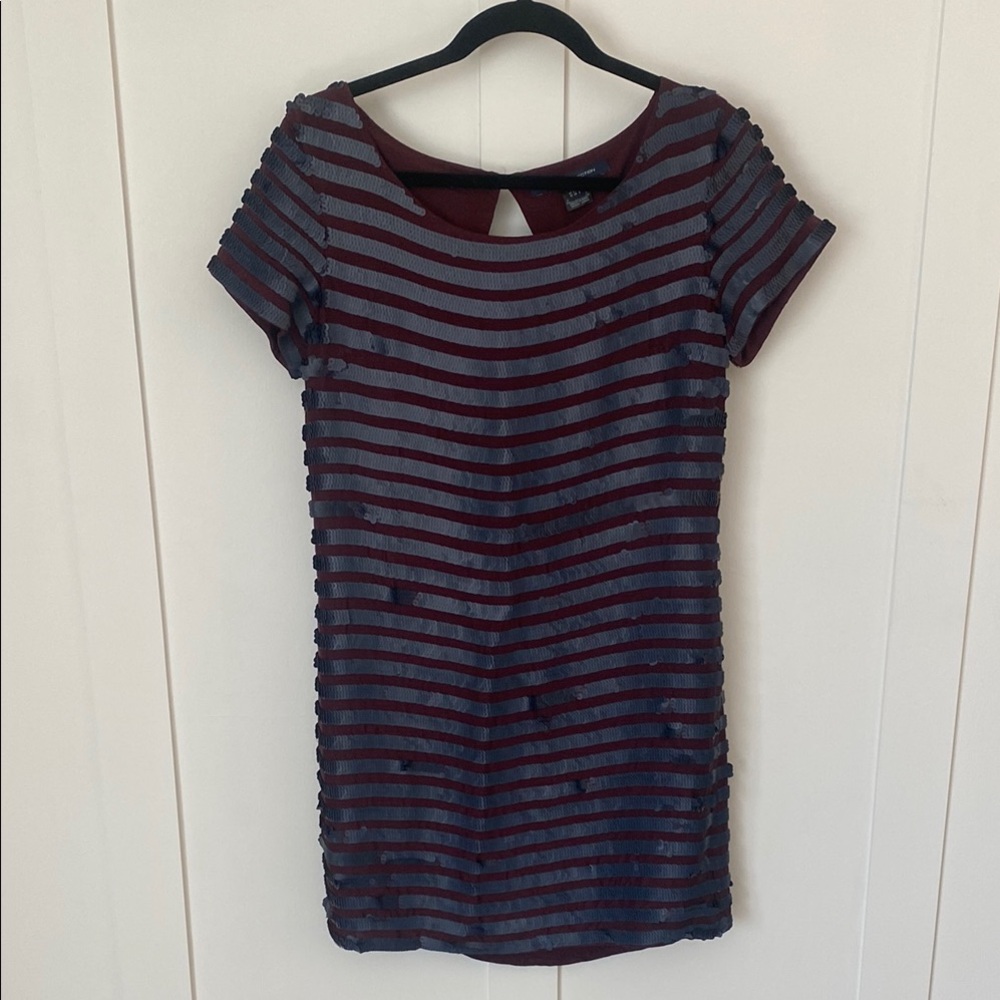 Maroon and Navy Sequin Sheath Mini Dress with Crew Neck and Short Sleeves
